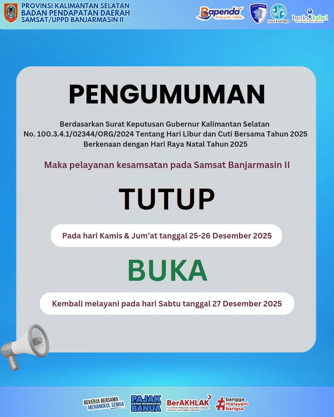 Informasi Jadwal Libur Natal di Samsat Banjarmasin II