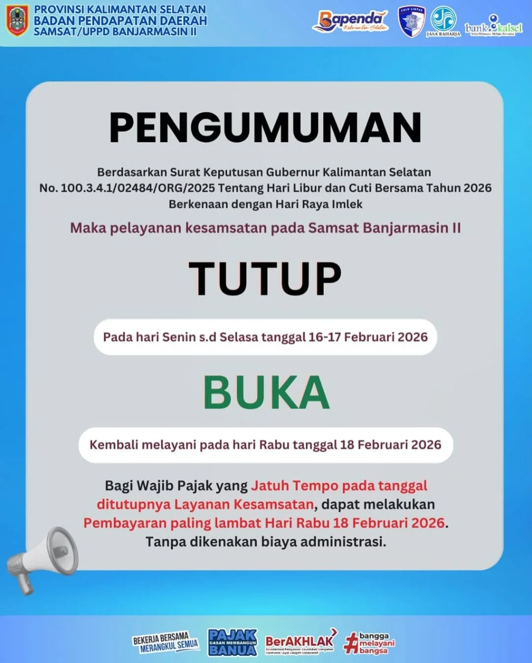 Informasi Jadwal Libur dan Buka Pelayanan Samsat Banjarmasin II