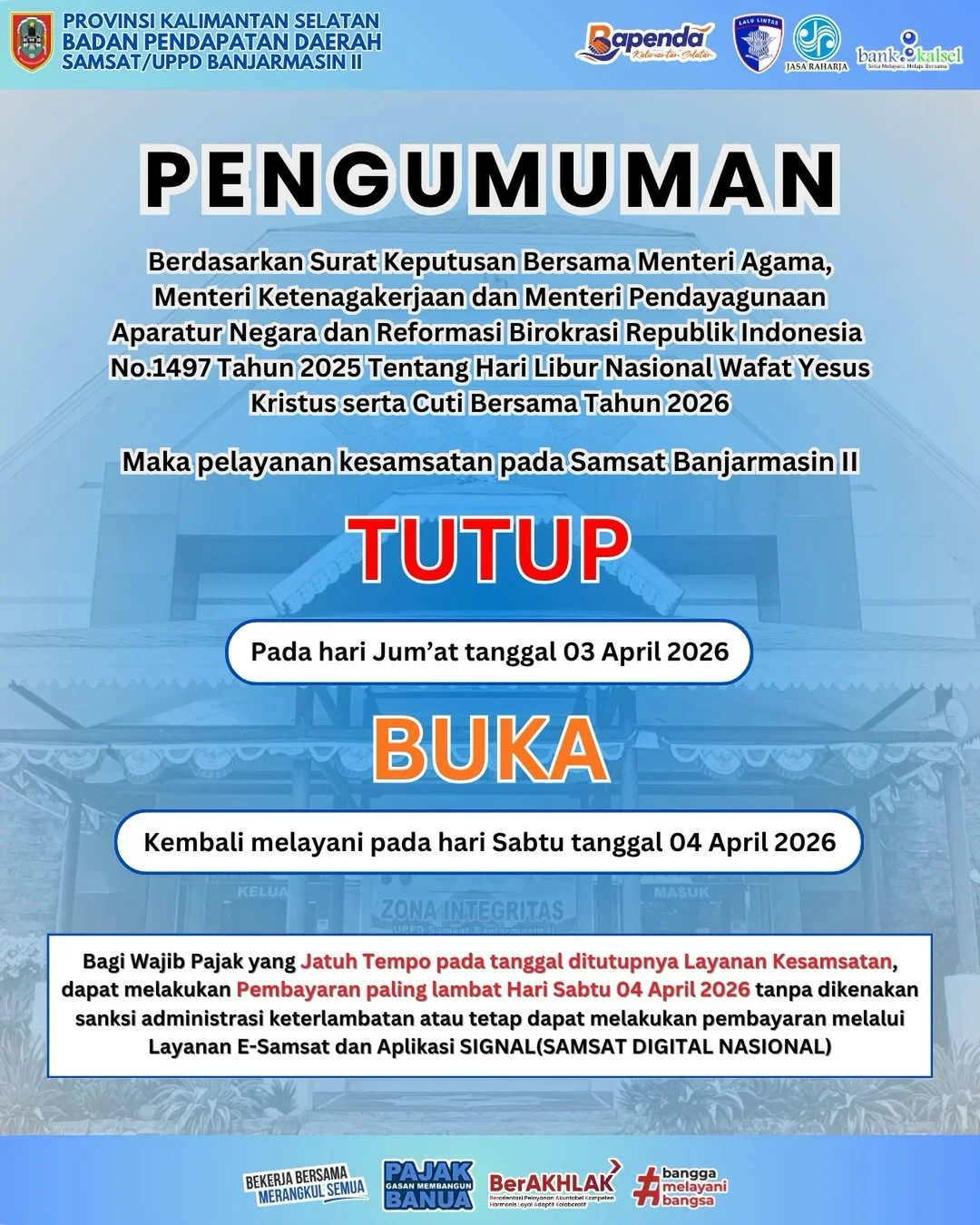 Informasi Jadwal Libur dan Buka Samsat Banjarmasin II