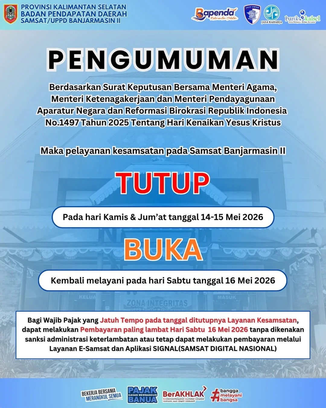 Informasi Libur Sementara Samsat Banjarmasin II
