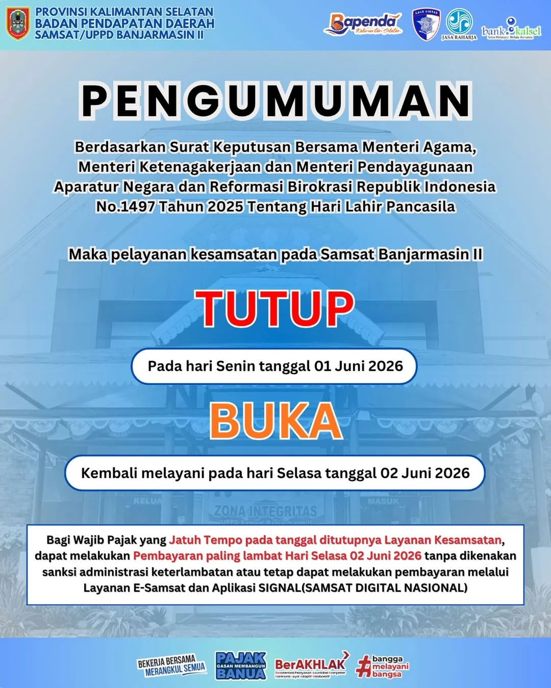 Informasi Libur Sementara Samsat Banjarmasin II