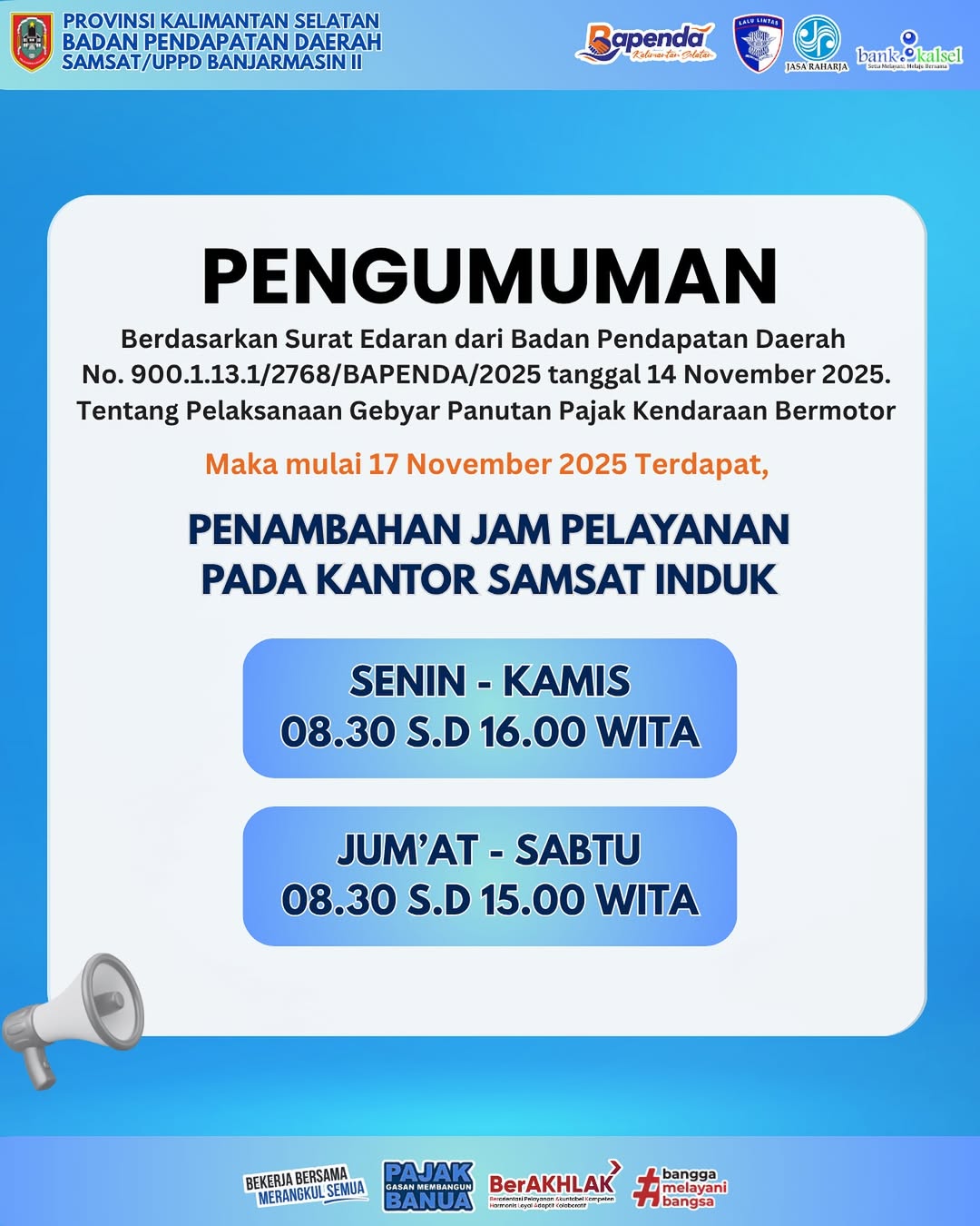UPPD Samsat Banjarmasin II Tambah Jam Pelayanan Hingga Sore Hari Mulai 17 November - Foto 1