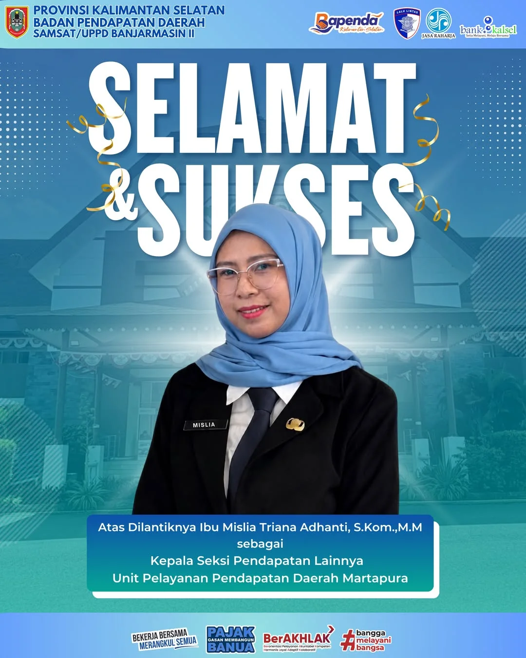 Ucapan Selamat dan Sukses Atas Dilantiknya Kepala Seksi Pendapatan Lainnya UPPD Martapura - Foto 1