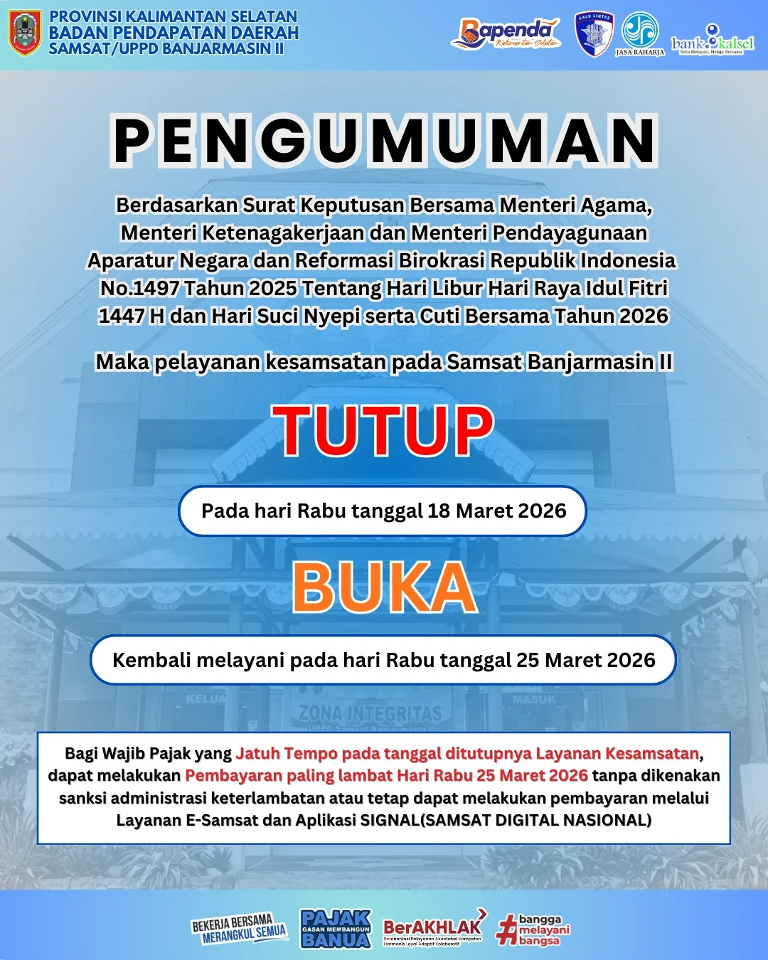 Informasi Libur Sementara Kantor Samsat Banjarmasin II